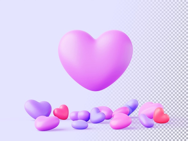 PSD 3d wielki symbol miłości z rozproszeniem małych czerwonych różowych fioletowych balonów w kształcie serca na abstrakcyjnym tle kartka powitawkowa na dzień świętego walentynki romantyczna tapeta kreatywny wzór baner reklamowy
