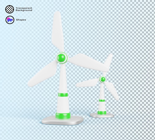 3d Wind turbines windmills energy power generators render White green towers for renewable clean energy production Aerogenerator with air propeller isolated on blue background