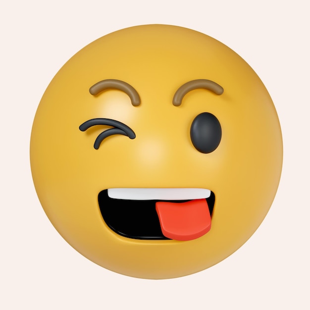 PSD 3d winking face with tongue yellow emoji sticking out her tongue and winking wackiness buffoonery icon isolated on gray background 3d rendering illustration clipping path