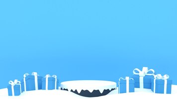 3d winter sale product banner podium platform with geometric shapes and gift boxes