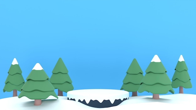 PSD 3d winter sale product banner podium platform with geometric shapes and pine trees