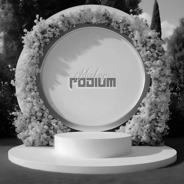 3d witte ronde podium achtergrond in de natuur product display bloemen decoratie voor bruiloft boog