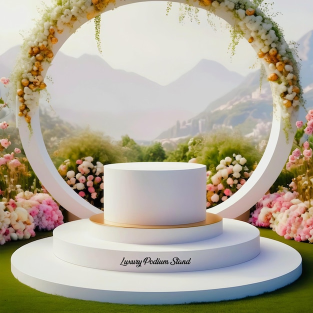 3d witte ronde podium staan achtergrond in natuurlijk zonlicht met bloemen decoratie voor product scène