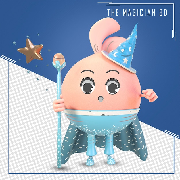 3d Wizard cute character with wand and stars