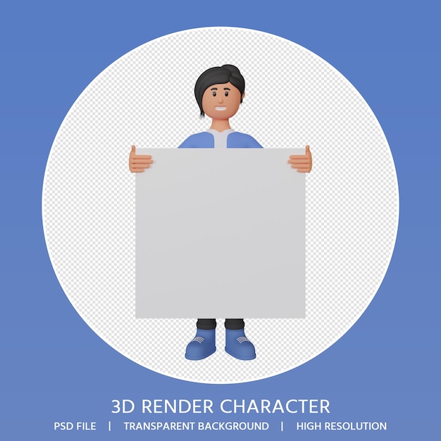 PSD 空白のプラカードを保持している3d女性キャラクター