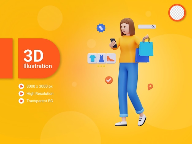 3d женщина делает покупки в интернете иллюстрации