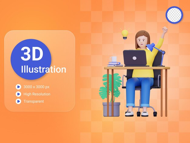 PSD 3dの女性がビジネスイラストに大きなアイデアを得る