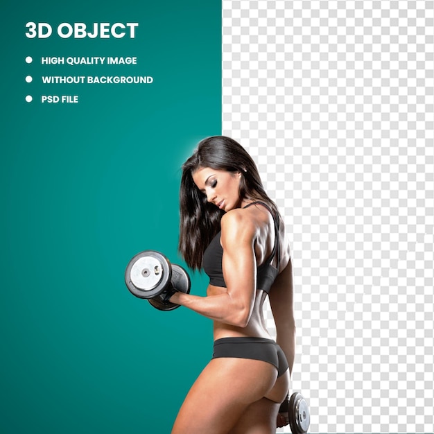 PSD 3d donna che tiene una coppia di manubri integratore alimentare integratore per bodybuilding idoneità fisica muscl