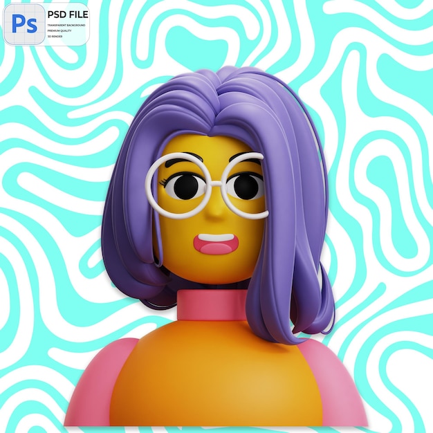 3D Woman Long Hair With Glasses Render Icon Isolated PNG Illustration PSD Template