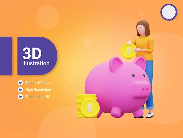 3d woman saving money into piggy bank illustration