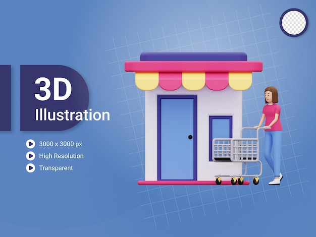 3d 여자는 상점 그림에서 쇼핑하는 동안 쇼핑 카트를 사용합니다.
