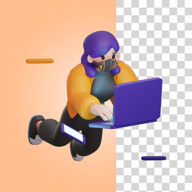 3d woman using laptop in metaverse illustration