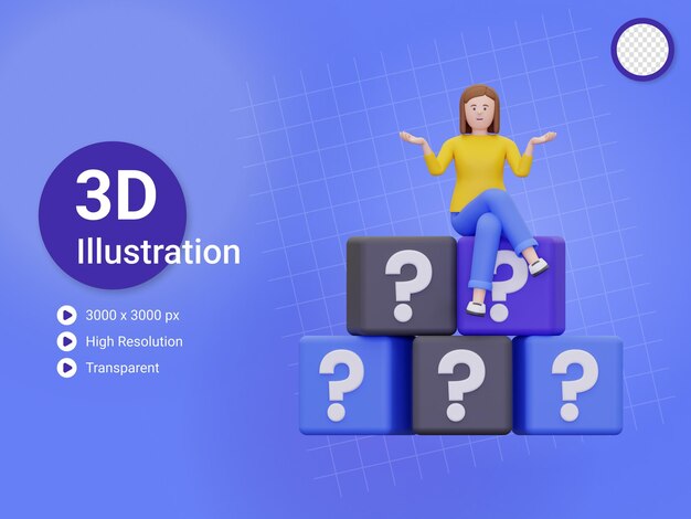 PSD 疑問符のイラストを持つ 3 d の女性