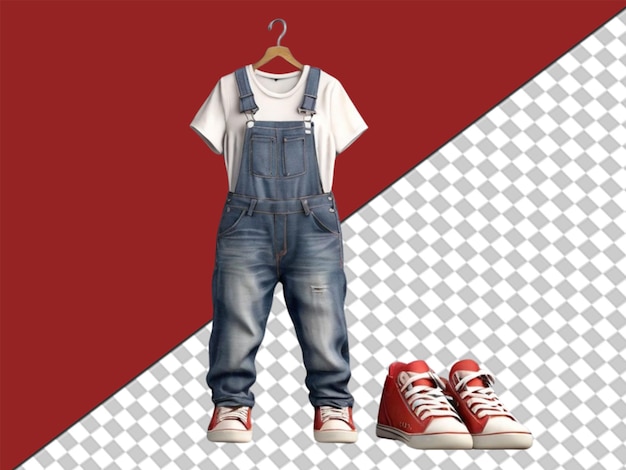 PSD 3d of women39s jean overalls with tshirt and shoes on transparent background