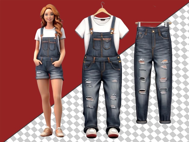 PSD 3d of women39s jean overalls with tshirt and shoes on transparent background