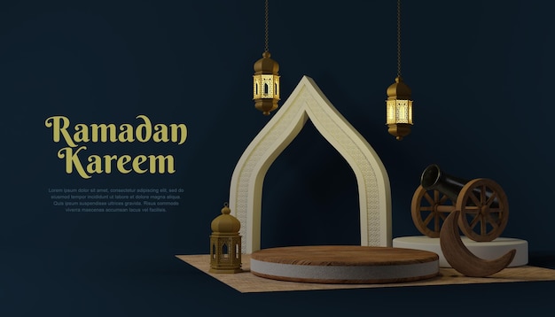 3d wood podium ramadan background with lamp