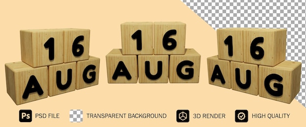 PSD rendering del calendario in legno 3d del 16 agosto illustrazione del concetto premium psd