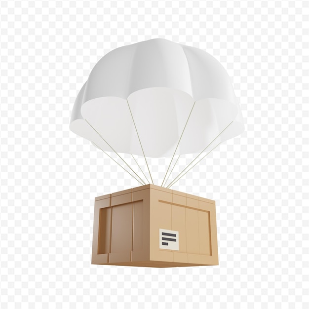 3D wooden crate delivering by parachute isolated illustration 3D rendering