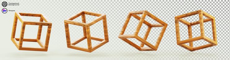 PSD 3d wooden cube block frame wireframe square box in different angles render icon set abstract geometric object from line grid with wood texture design element isolated on background