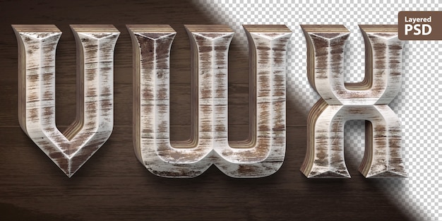 3d wooden font set. letters v w x.