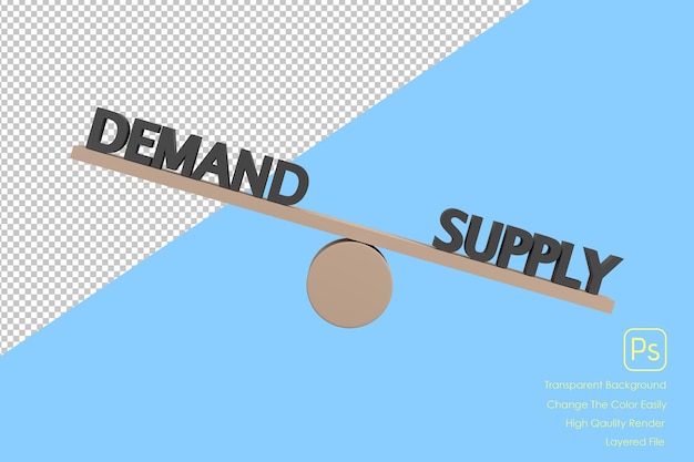 PSD 3d words demand and supply on wooden seesaw unbalancing on white background business concept xa