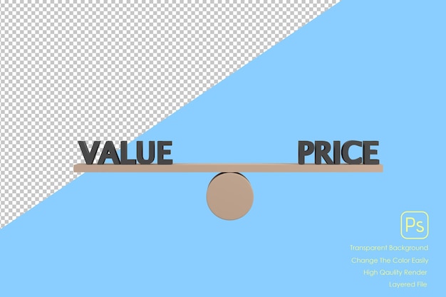 PSD Стоимость и цена 3d-слов на деревянных качелях, балансирующих на белом фоне xa