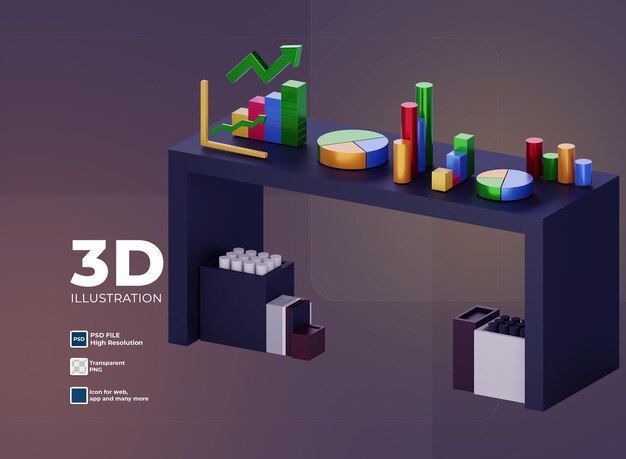 PSD 3d work table with computer and infographic