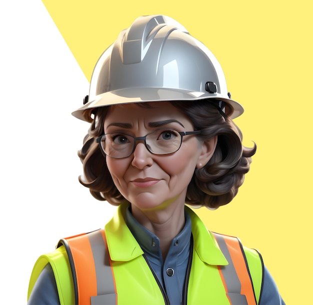 3d worker woman with helmet and reflective clothing