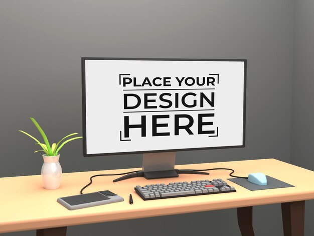 3d workspace desktop computer screen mockup