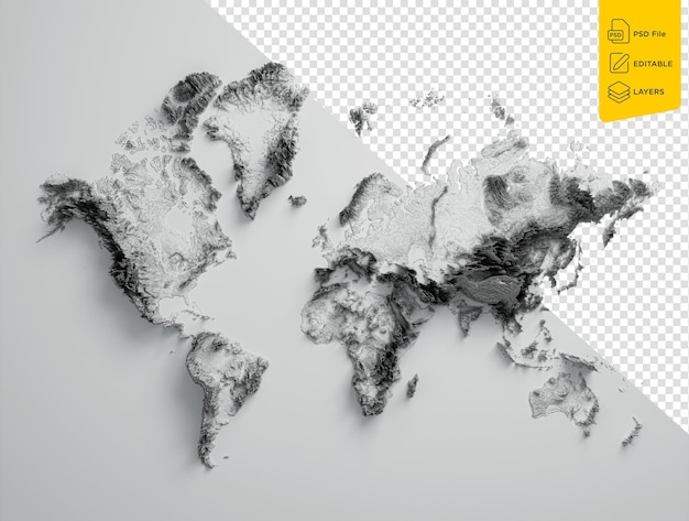 3d world map black and white shaded relief hypsometric map on white background 3d illustration