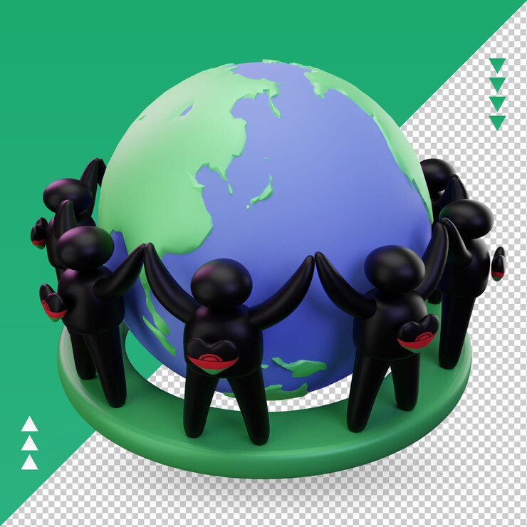 PSD 3d 세계 인구의 날 사람들이 말라위 플래그 렌더링 오른쪽보기