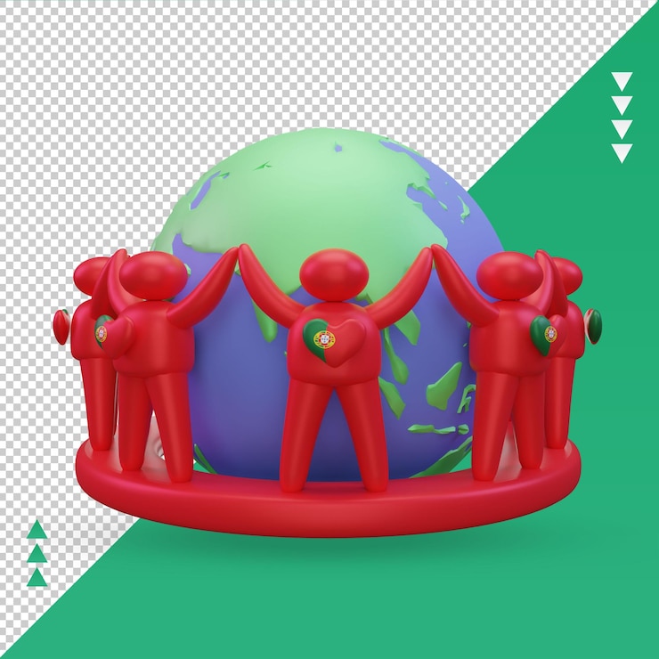 PSD 3d 세계 인구의 날 사람들이 포르투갈 국기 렌더링 전면보기