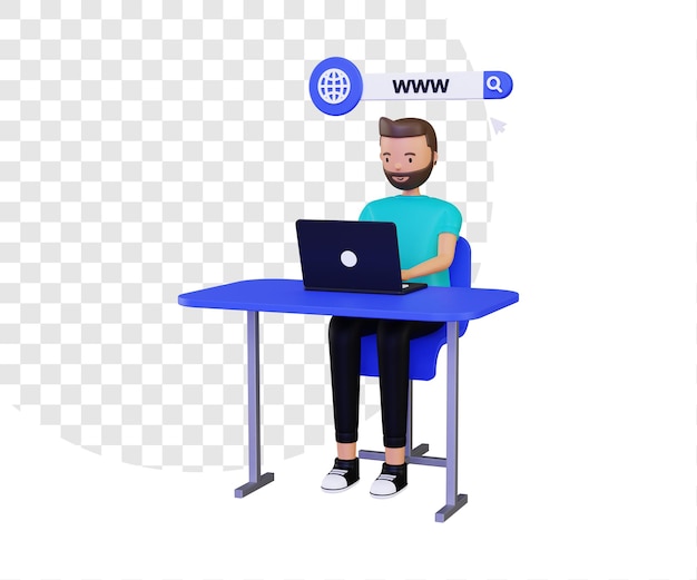 PSD 3d world wide web or www with male character using a laptop