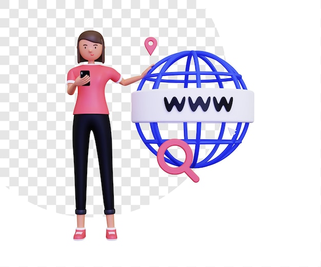 3d 월드 와이드 웹 또는 www는 휴대 전화를 재생하는 여자와 함께