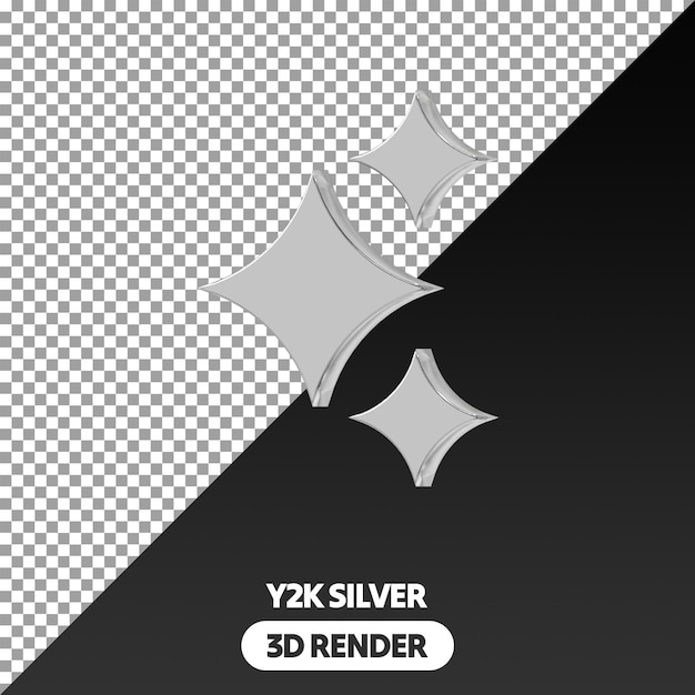 3D Y2K 形状 PSD 透明 孤立 レンダリング シルバー メタリック 見た目 ダイヤモンドとスター 形状 PNG