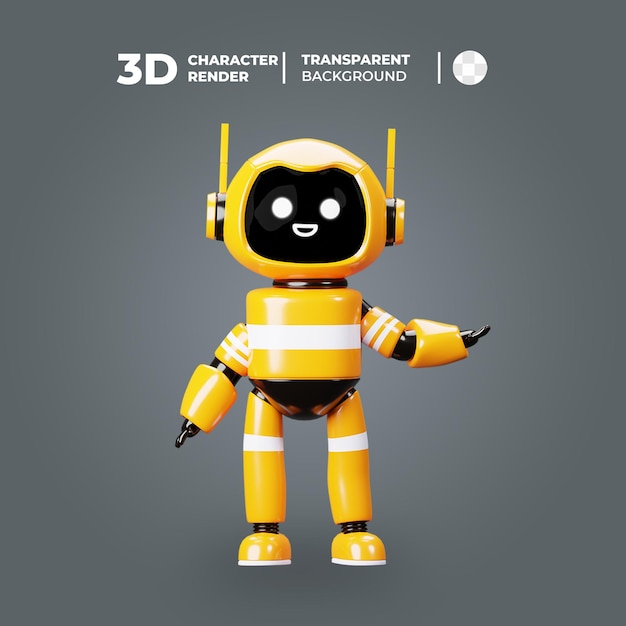 3D Yellow Cartoon Robot Character Showing Something Left