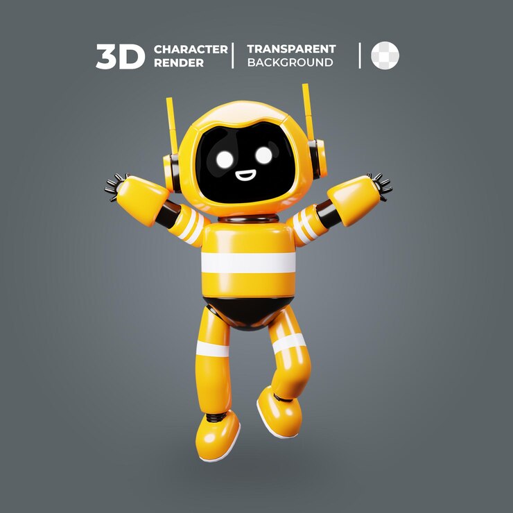 幸せそうな顔で 3 d の黄色の漫画のロボット キャラクター