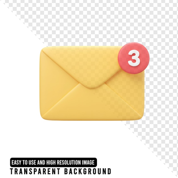 3D 노란색 이메일 봉투 3개의 새로운 메시지에 대한 알림