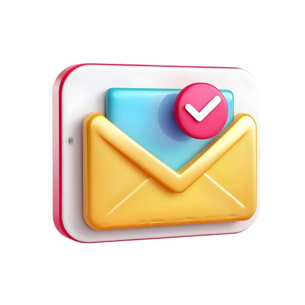 3D Yellow Email Notification Icon with Red Checkmark Message and Communication Concept
