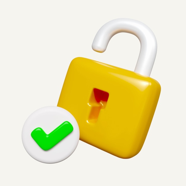 PSD 3d yellow unlocked padlock icon with green check symbol security concept icon isolated on white background 3d rendering illustration clipping path