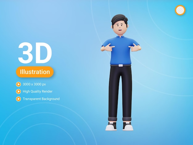 PSD 自分のイラストで指を指している 3 d の若い男の子