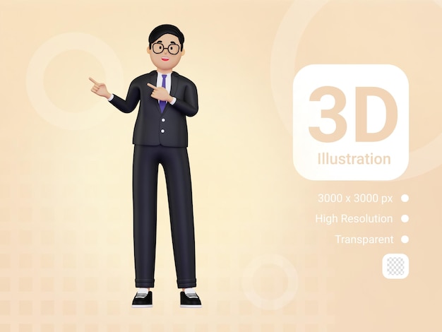 왼쪽에 손가락을 가리키는 3d 젊은 사업가