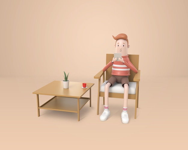 3d、若い男が座って、リビングルームの木製の椅子にタブレットを手に使用します。