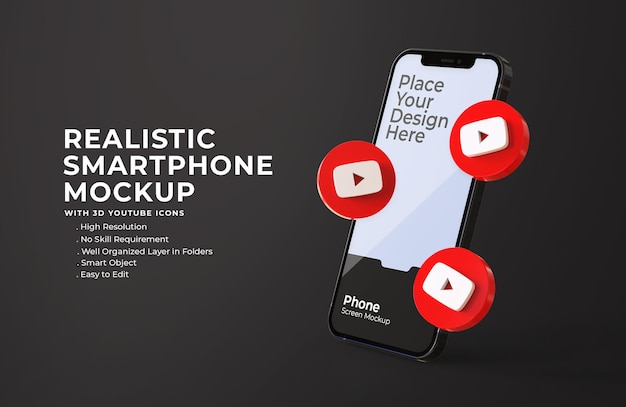 PSD icone di youtube 3d con mockup di schermo mobile