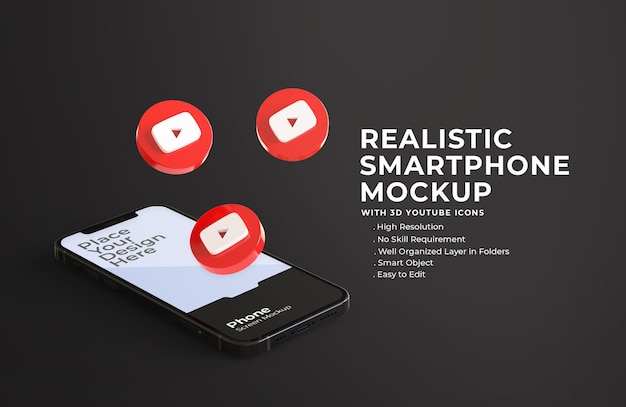 Icone di youtube 3d con mockup di schermo mobile