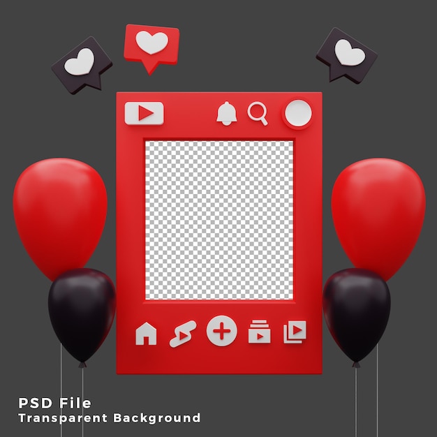 3d youtube mockup sjabloon activa met ballonnen pictogram illustratie hoge kwaliteit