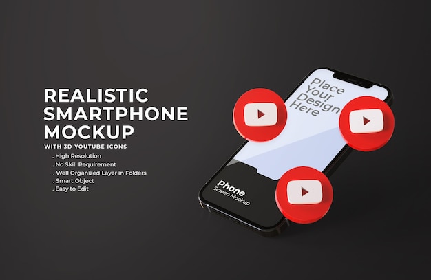 3d youtube-pictogrammen met mockup voor mobiel scherm