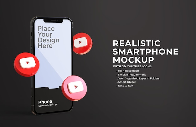 PSD 3d youtube-pictogrammen met mockup voor mobiel scherm