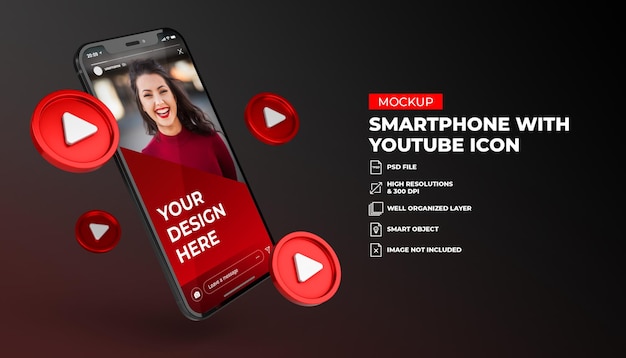 3d youtube social media icons with mobile screen smartphone mockup