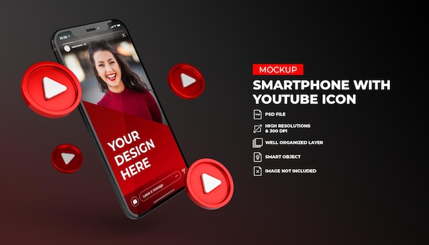 PSD モバイル画面のスマートフォンのモックアップと3dyoutubeソーシャルメディアアイコン